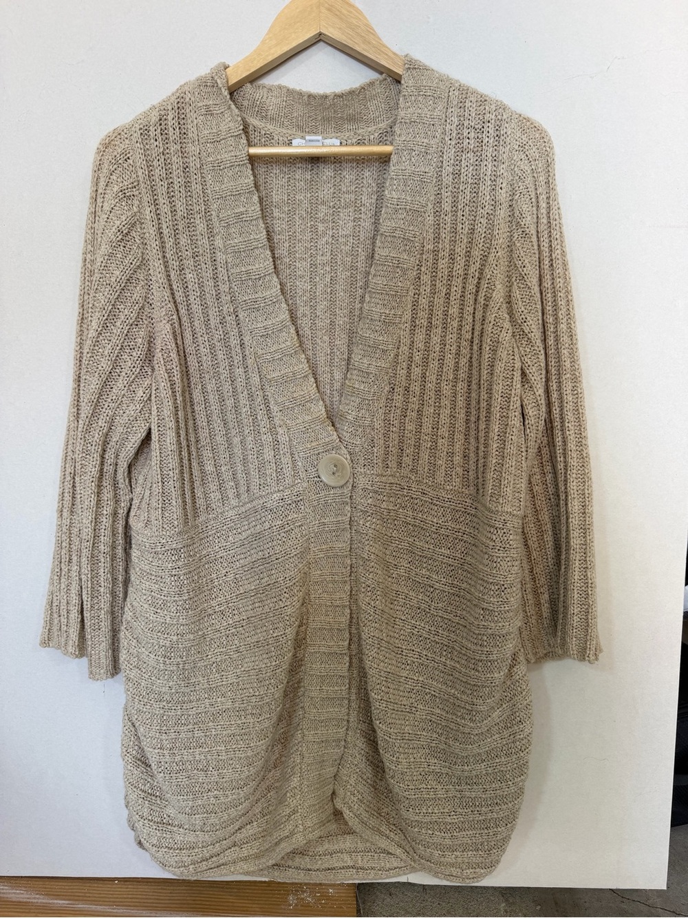 Charter Club Beige Ribbed Open Cardigan with Single Button
